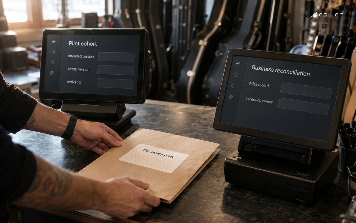 Technicians compare pilot device versions with business reconciliation and recovery records.