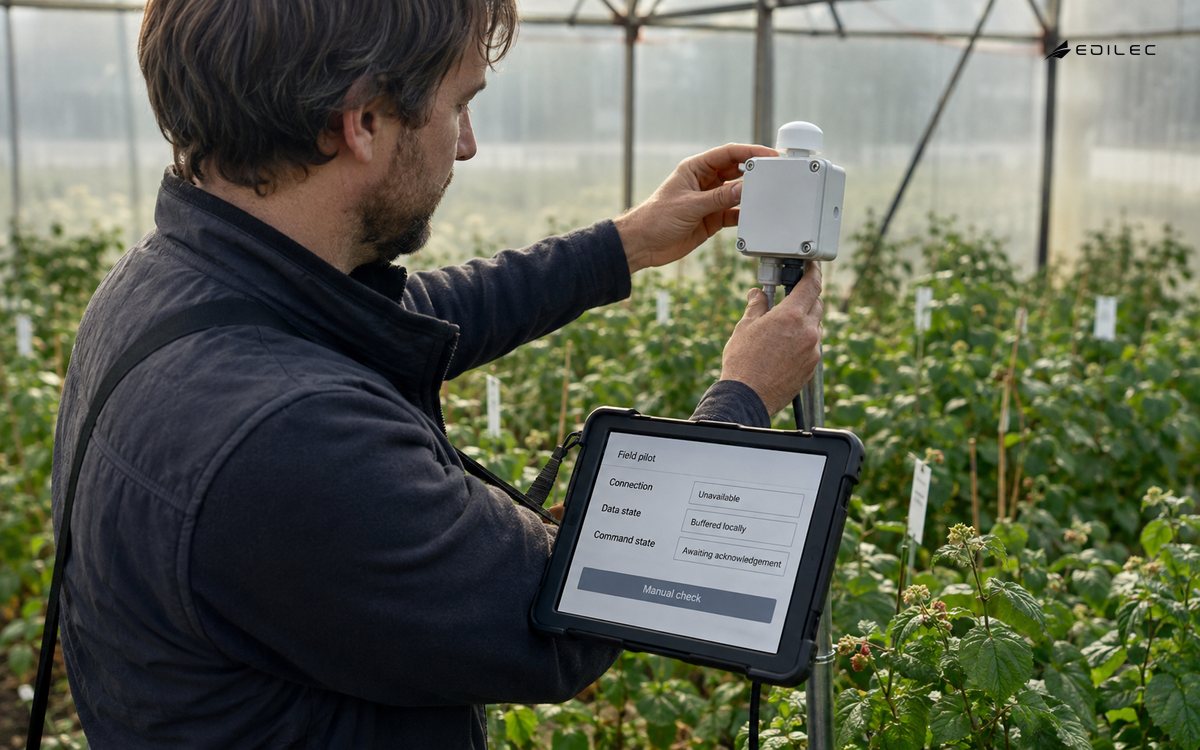 A greenhouse field pilot checks a sensor while its tablet shows unavailable connectivity and locally buffered data.