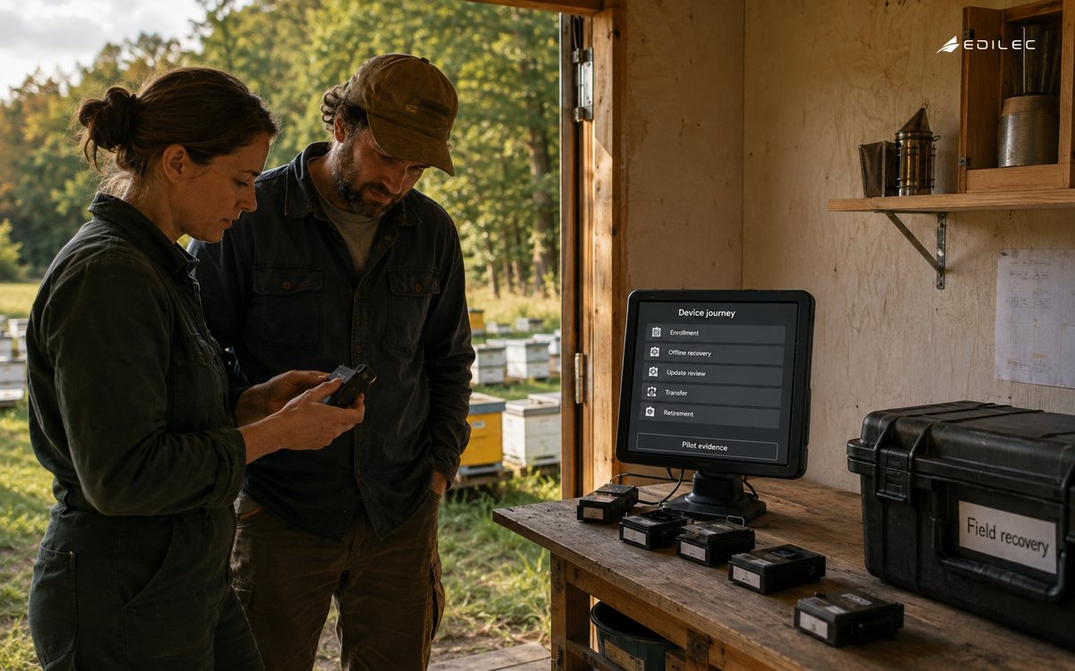 Apiary field technicians review device lifecycle and recovery evidence beside sealed sensor modules.