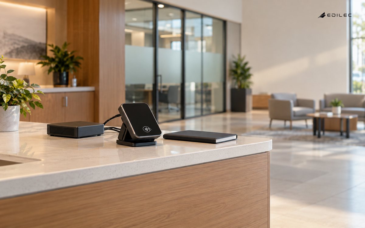 An unbranded payment reader and compact network gateway on a branch technology pilot counter.