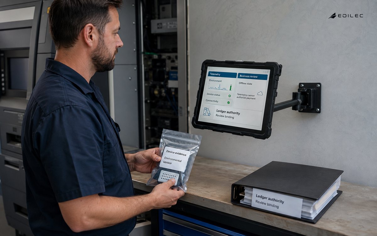 A technician reviews device evidence separately from business and ledger authority.