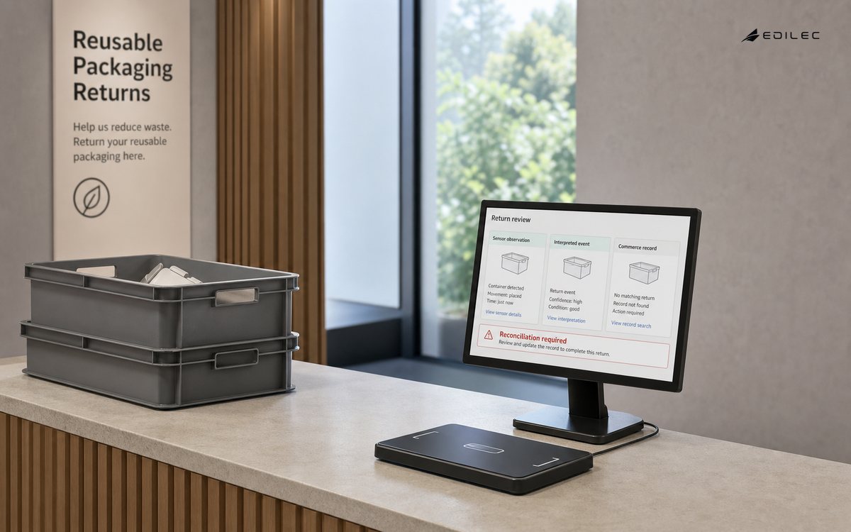 Wide photo of a reusable-packaging ecommerce return counter, empty totes and a small opaque supported terminal beside an unbranded sensing pad.