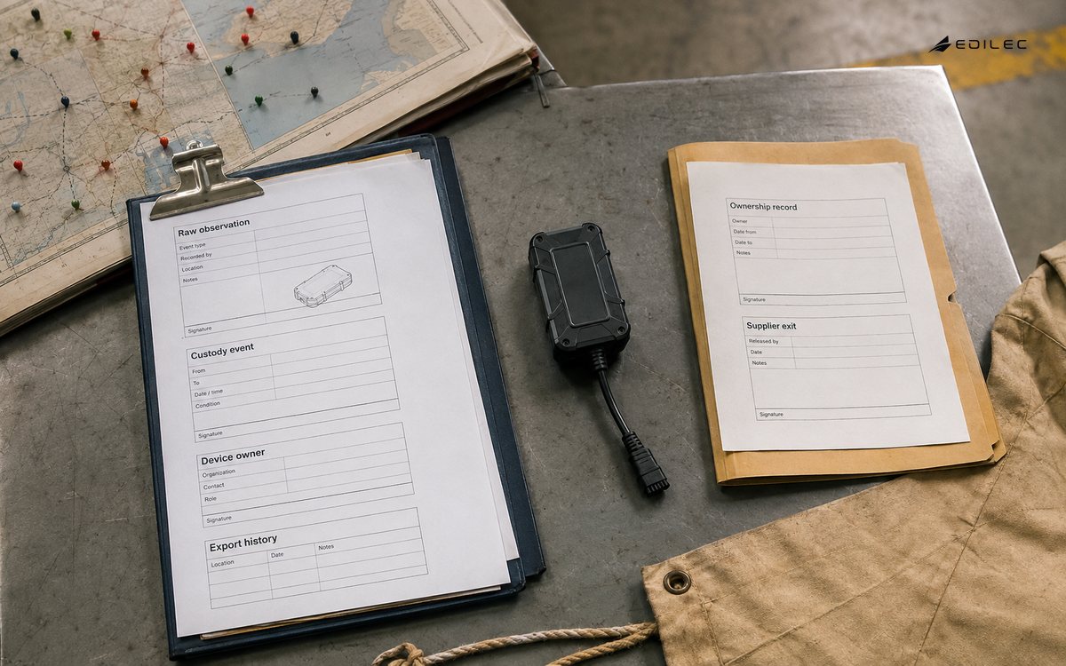 Overhead photo of a freight depot planning desk with an unbranded tracking device disconnected beside custody-history and ownership folders.