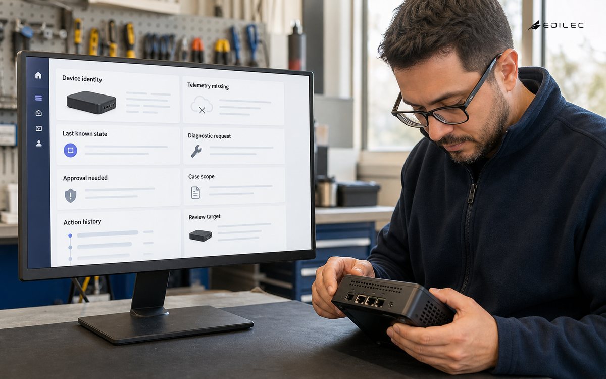 An appliance support specialist inspects an unbranded gateway on a repair counter while reading a supported monitor.
