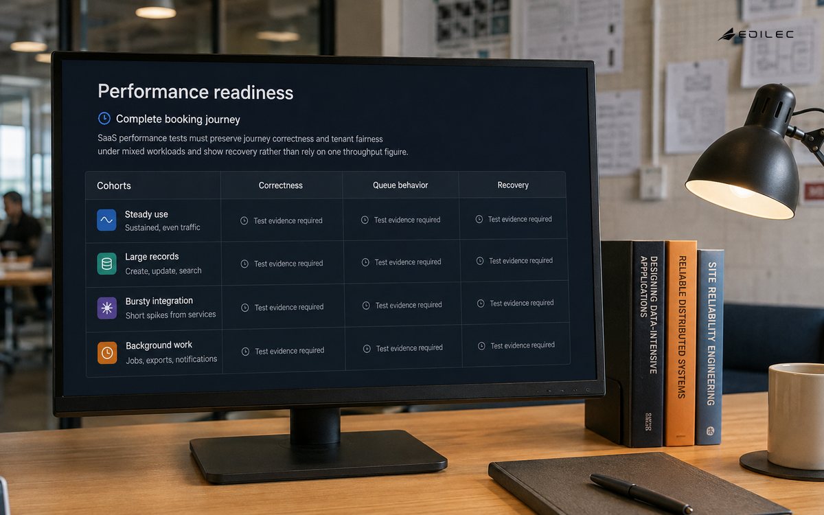 Near-front photo of an opaque monitor on real weighted support in a shared studio scheduling office.
