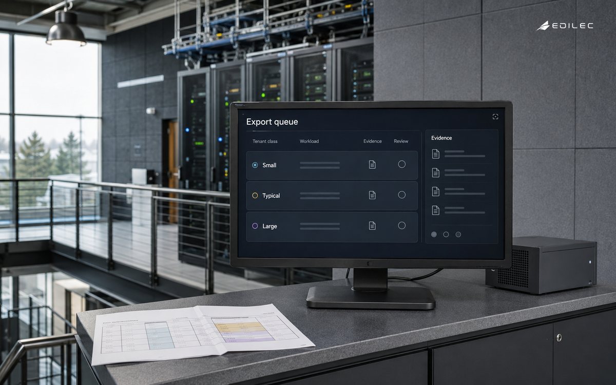 A modest export workload console in a quiet SaaS operations room.