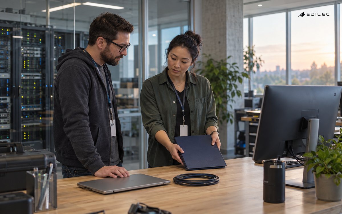 Two engineers discussing a release folio in a software delivery lab with server equipment beyond glass.