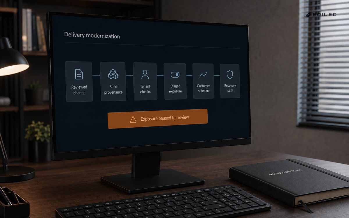 A delivery-modernization view pauses exposure while release and recovery evidence are reviewed.