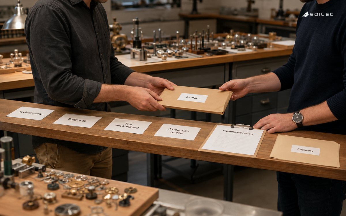 Standing colleagues pass an artifact sleeve between test and production review cards.