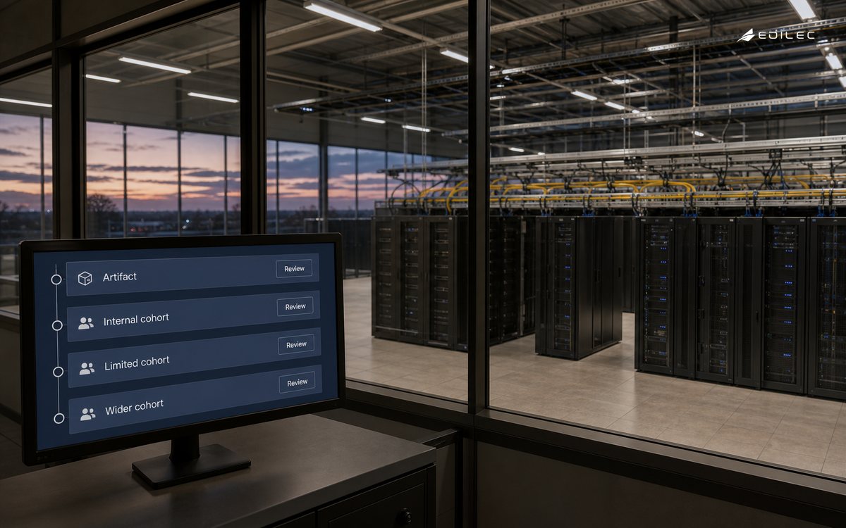 A cohort release planning display overlooks orderly server equipment.