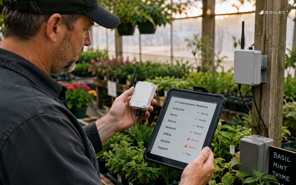 Candid side-angle photograph of a standing technician checking a small unbranded sensor and gateway in a garden nursery pilot, real tablet held in one hand with opaque screen and thick housing.