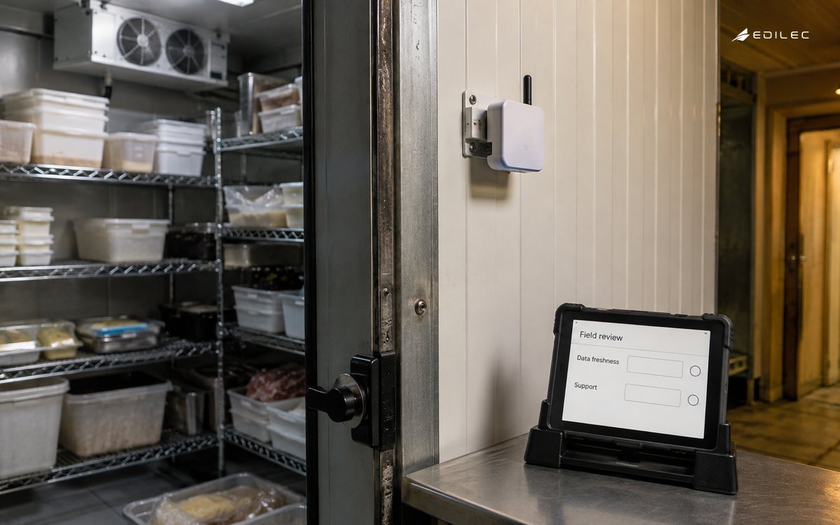 A small sensor and field review tablet at a food business cold-storage entrance.