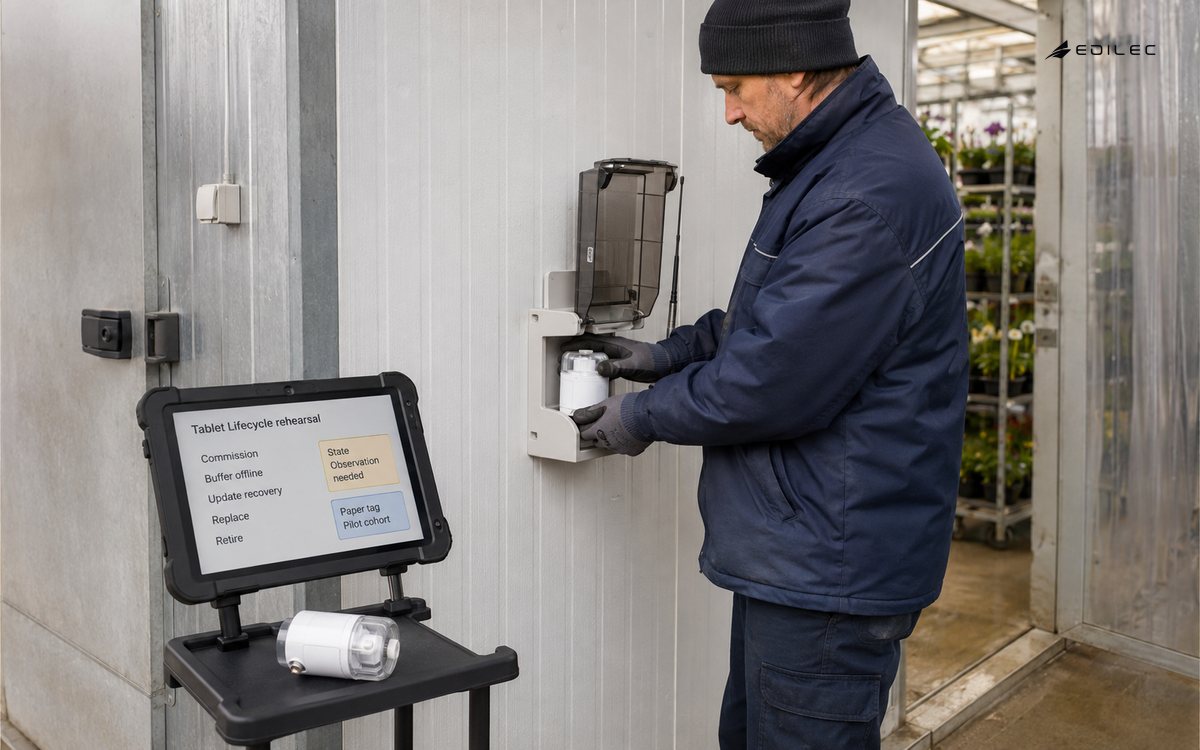 A technician rehearses an environmental sensor lifecycle with a spare device and a mounted field tablet.
