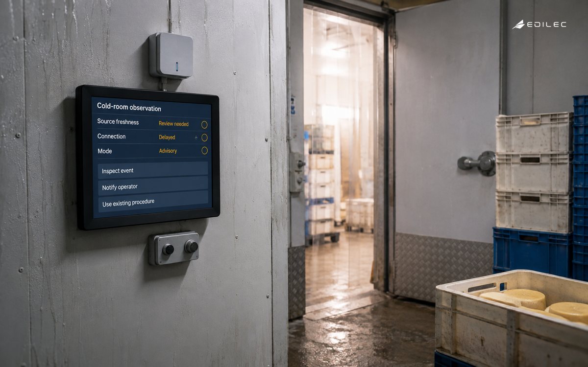 A cold-room display keeps delayed observations advisory for operator review.