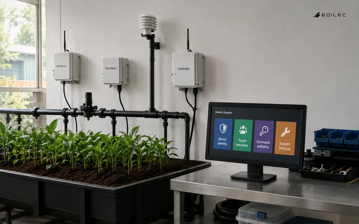 Wide photograph of a smart-irrigation product testing room with securely mounted sensor modules, plant trough and small conventional opaque screen on bench.