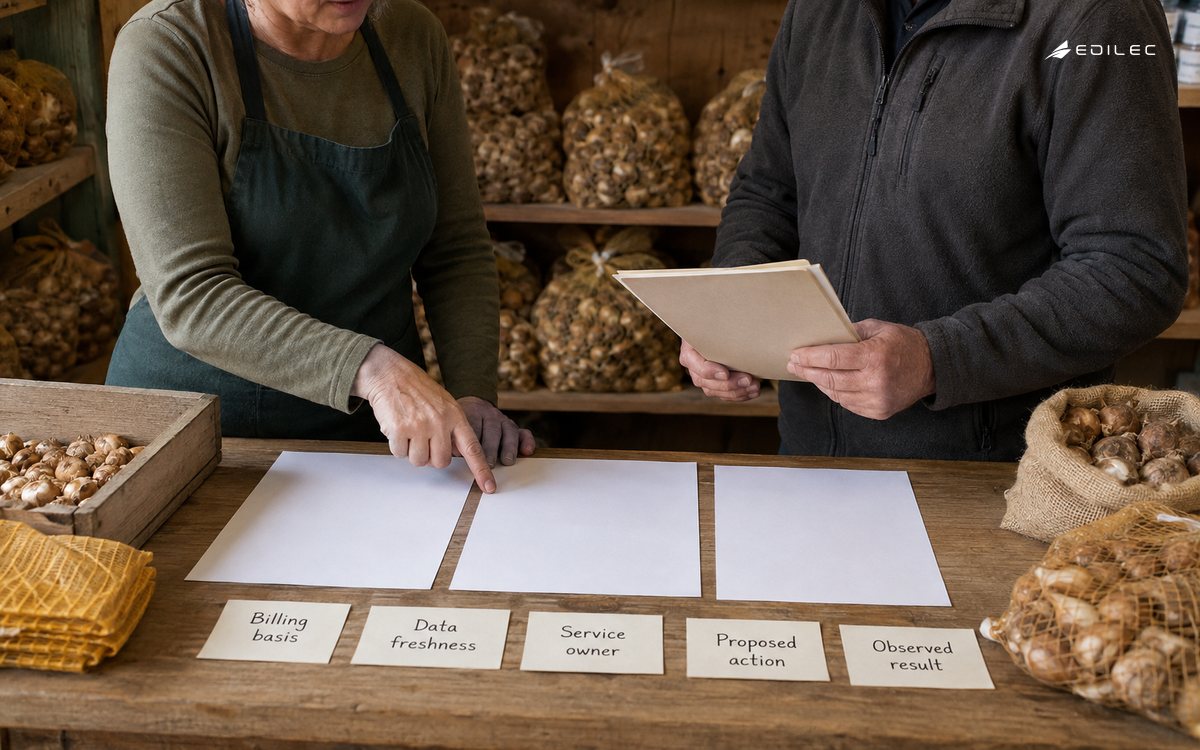 A small-business owner reviews billing freshness and an accountable cloud-cost action at a packing counter.