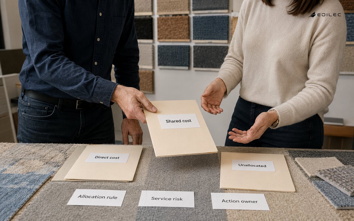 Finance and engineering colleagues review direct, shared and unallocated cost responsibilities beside carpet samples.