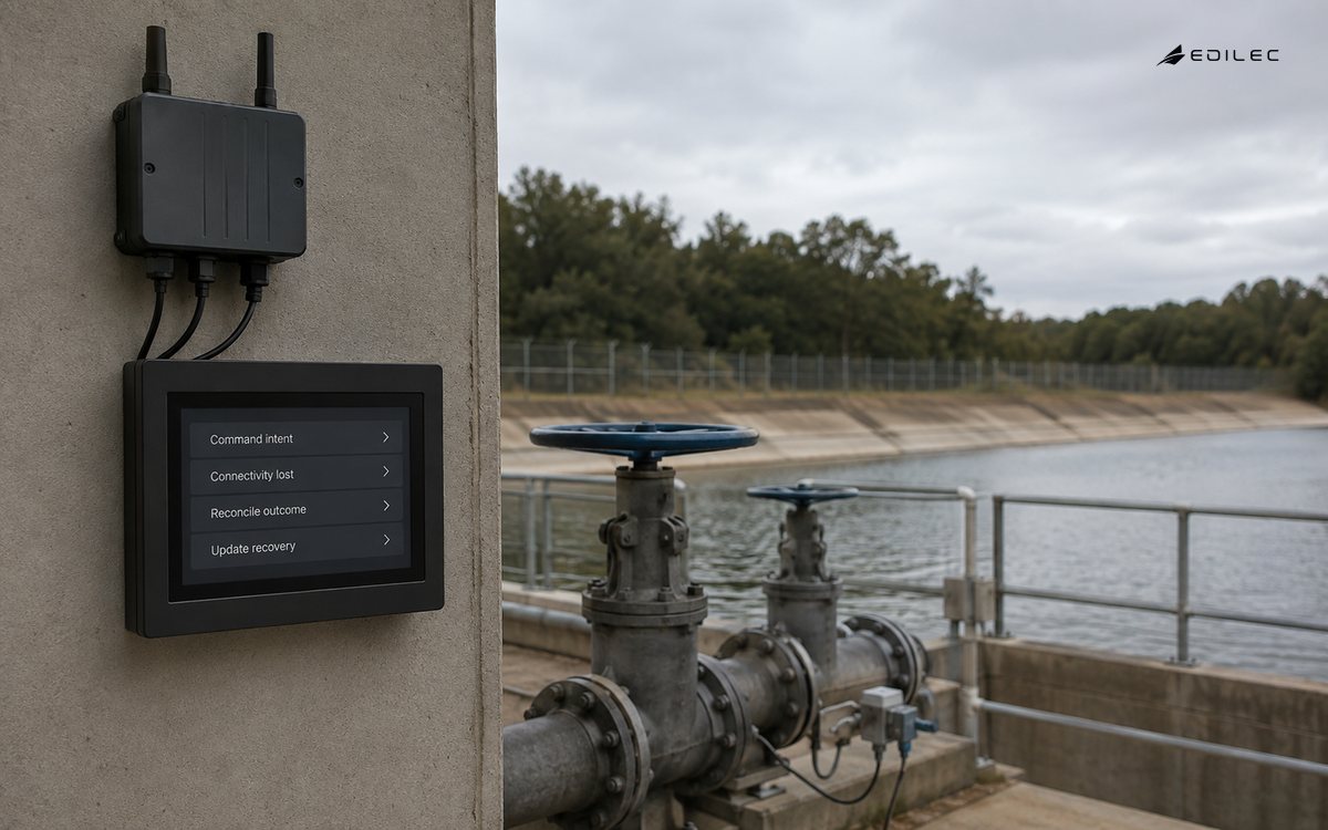Wide environmental photo of water-conservation testing area with an inactive valve rig, fixed gateway and a small opaque wall-bracket monitor.