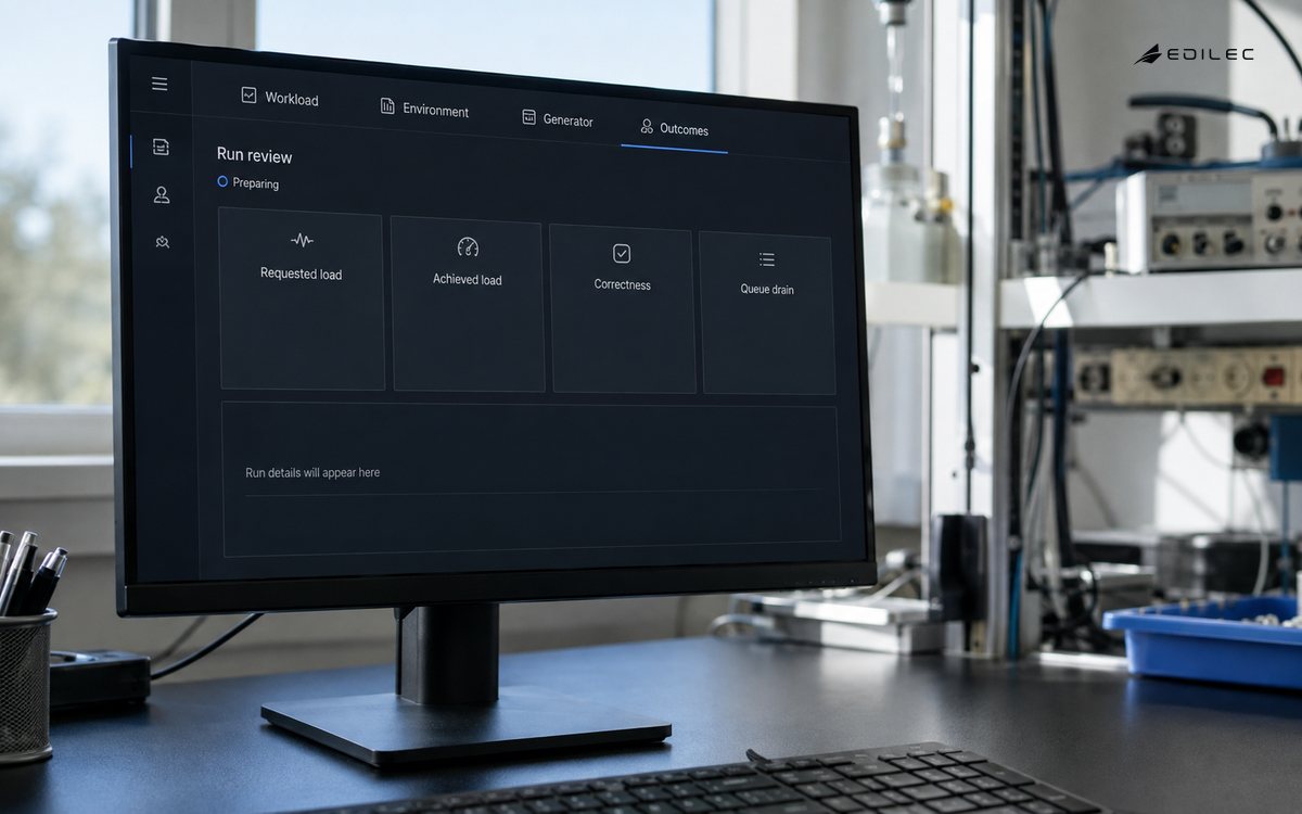 A performance review workspace joins workload, environment, generator and outcome evidence.