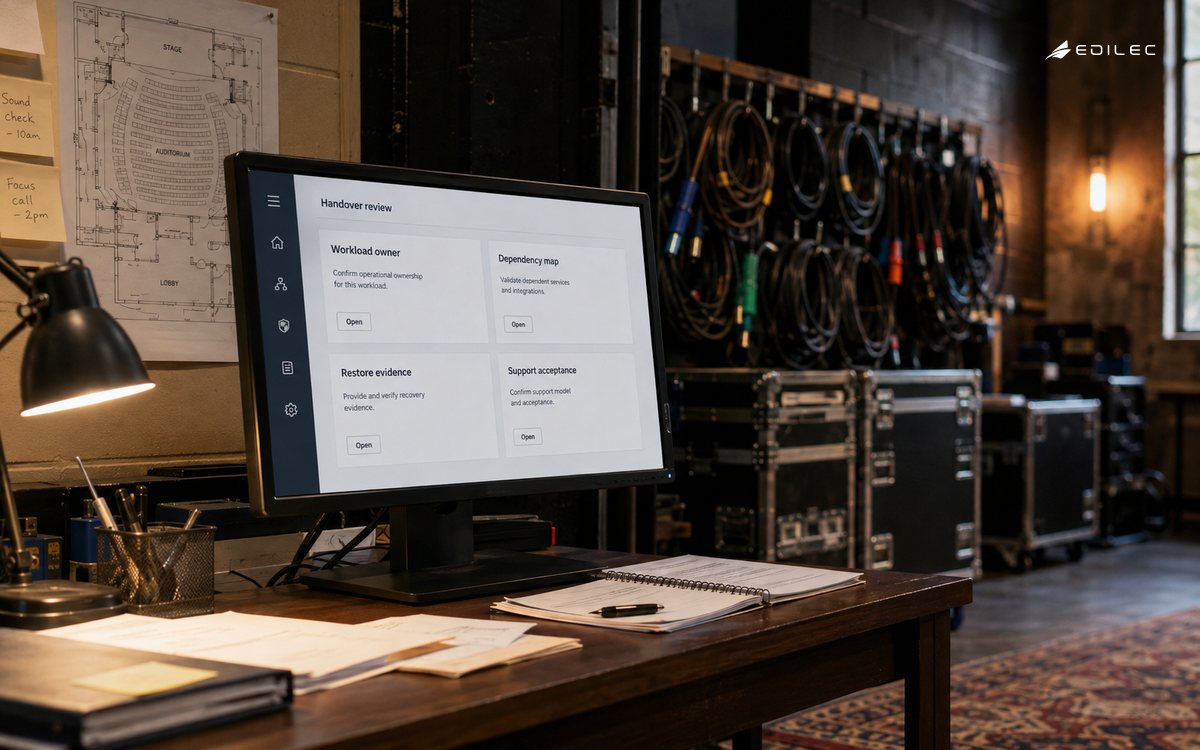 A theatre technical office reviews cloud operational handover responsibilities.