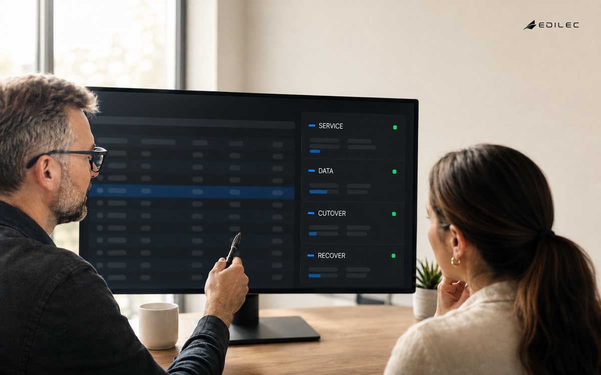 Two technology professionals review service, data, cutover and recovery states on a cloud migration screen.