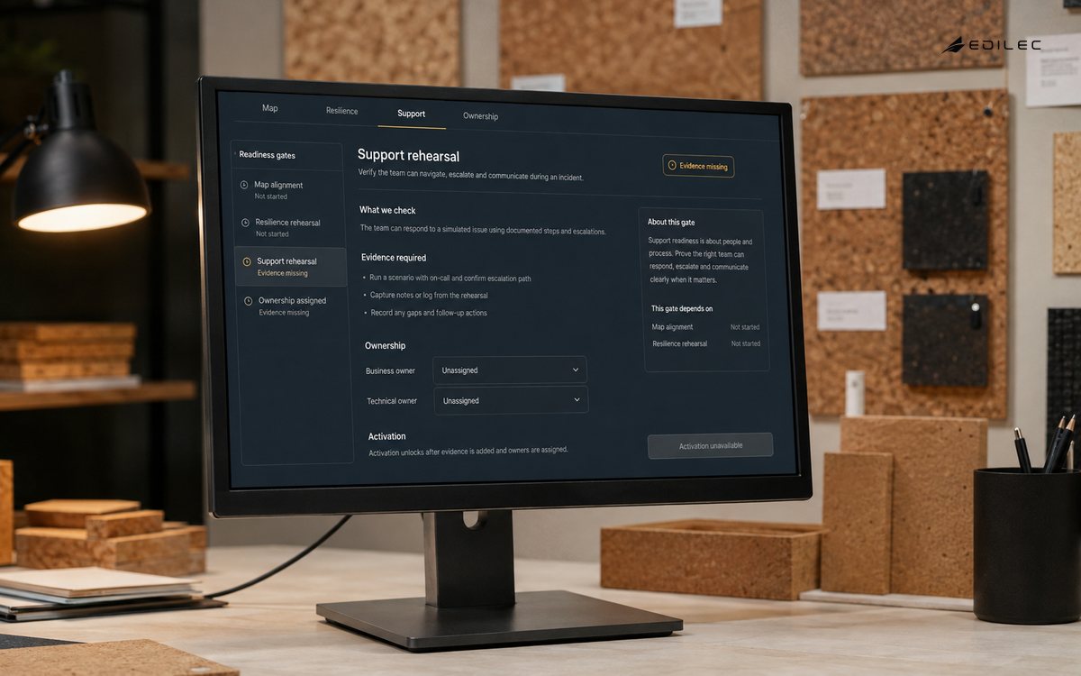 A journey-readiness screen keeps activation unavailable while support rehearsal evidence and ownership are missing.