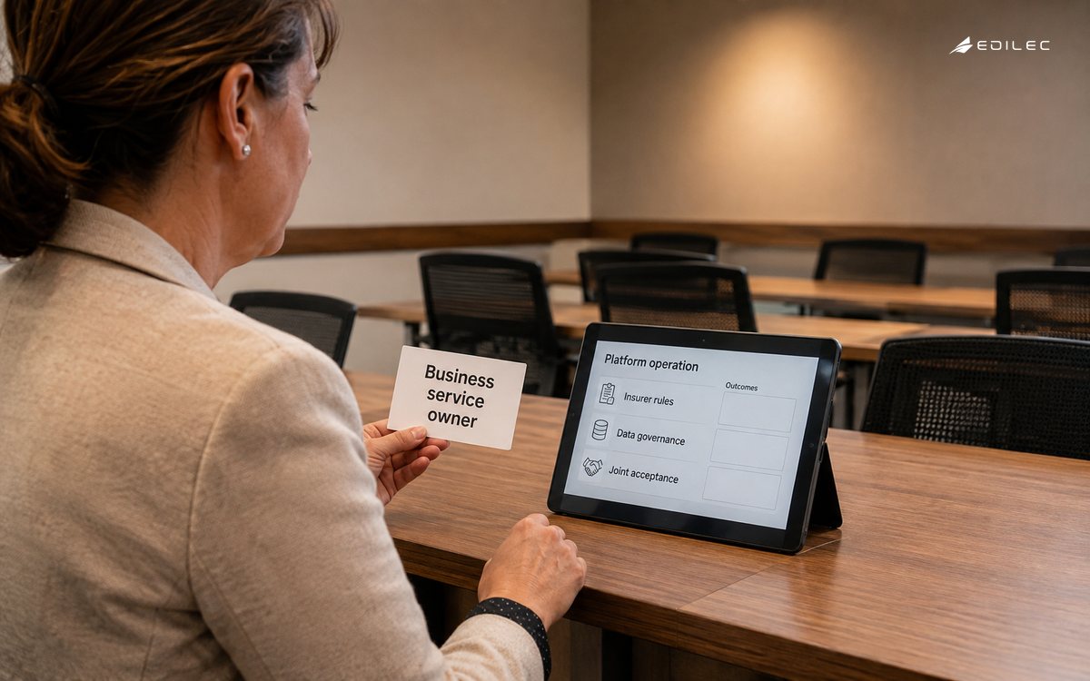 Candid shoulder-level photo of a insurance operations trainer comparing a service-owner card with a small opaque tablet on a kickstand.