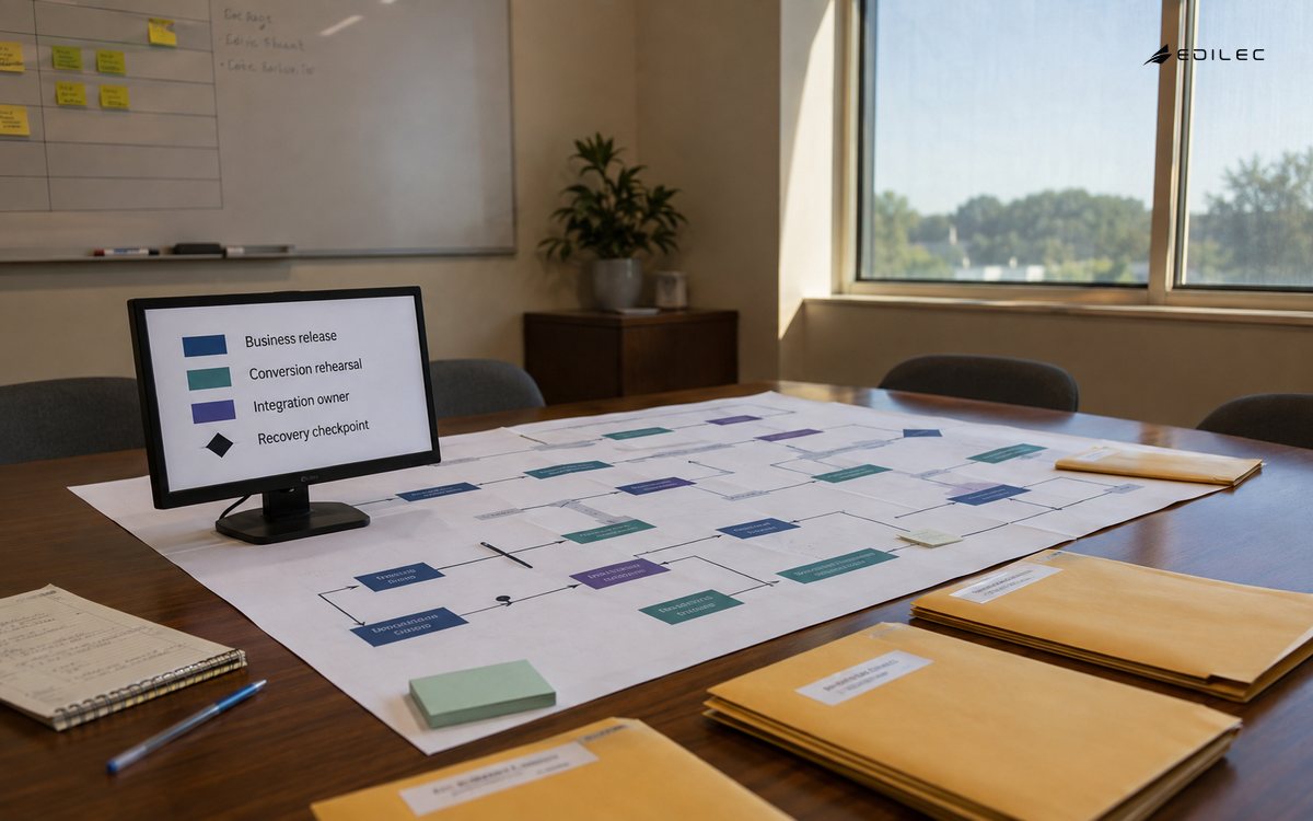 Wide photograph of an empty insurance operations tabletop rehearsal room with route diagram, envelopes and small supported opaque display.