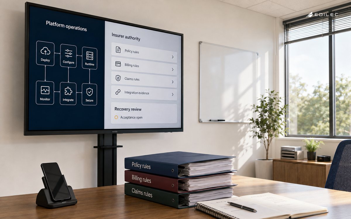 An insurer training office contains a supported LCD, policy process folders and covered test-phone dock.