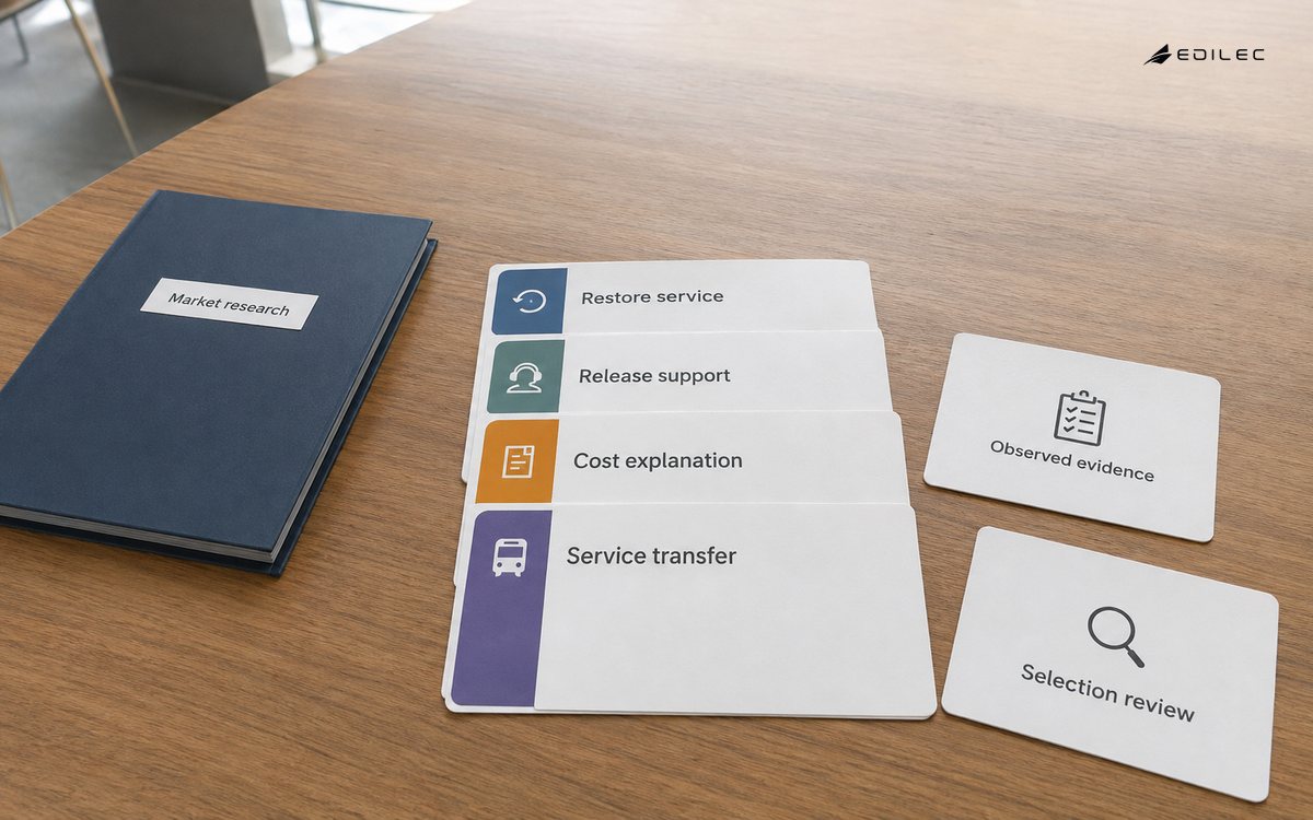 A regional transit procurement table holds a generic market-research folder and a fan of operational scenario cards.
