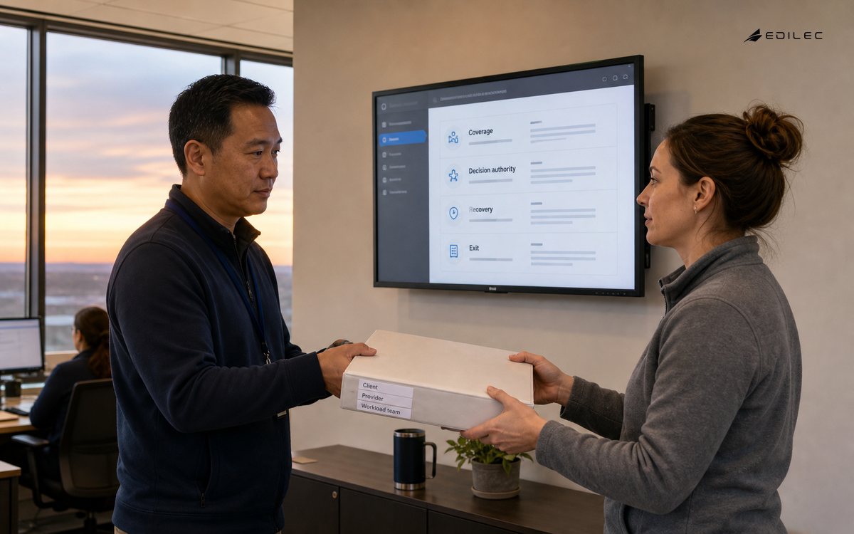 An operations handover separates client, provider and workload responsibilities.