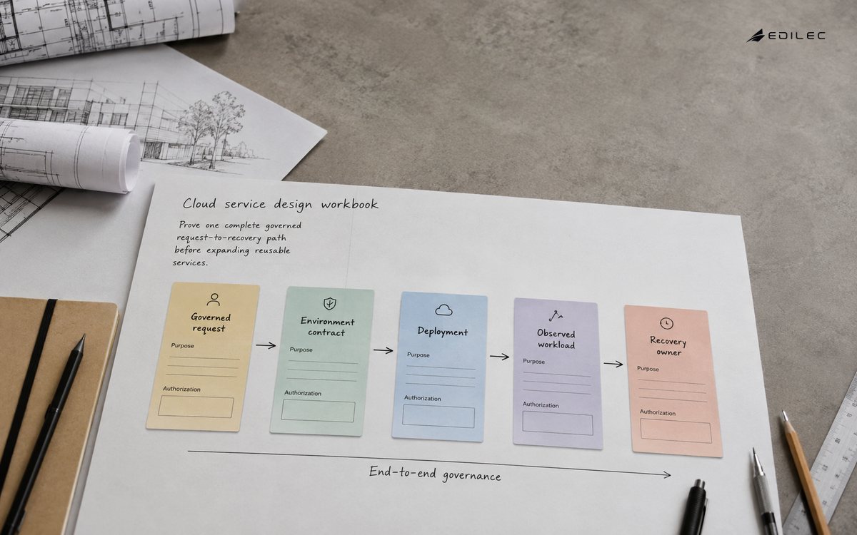 Overhead photo of a cloud service design workbook at an architecture studio table.