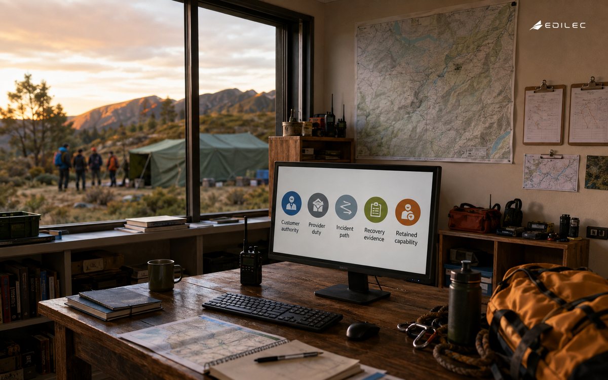 Wide view of an outdoor education charity operations office, maps and equipment tags without text, small supported opaque monitor.