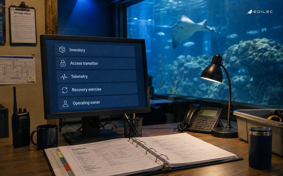 Medium-wide photo in a public aquarium support office overlooking tanks through a window, runbook binder and compact opaque monitor.