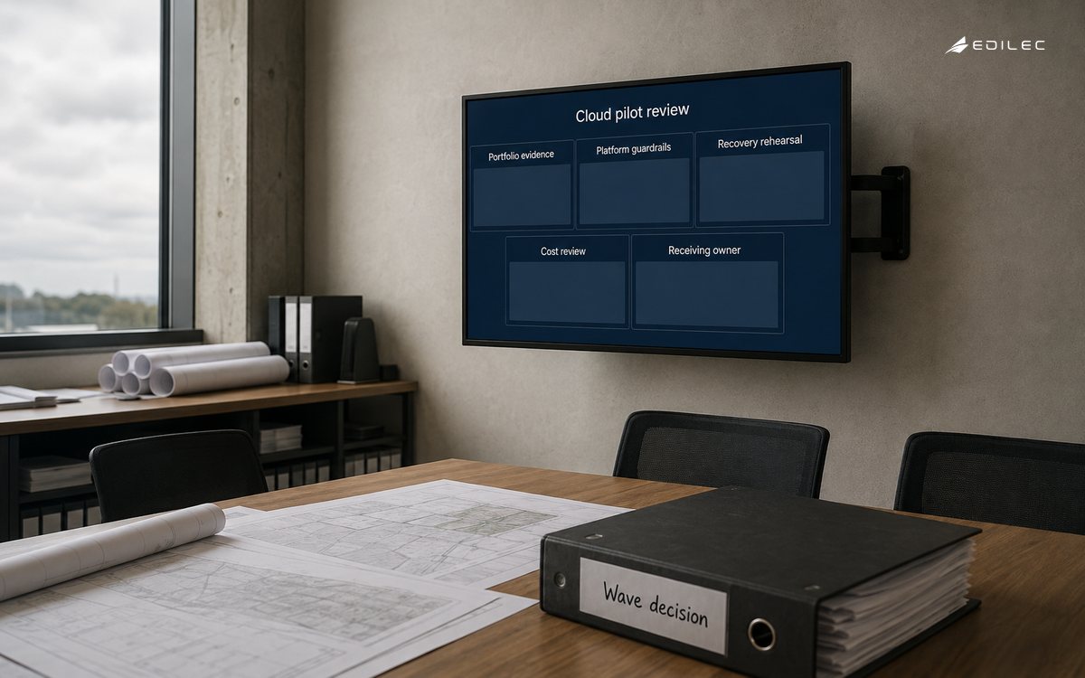 A civic engineering planning office displays the evidence needed for a cloud pilot and migration-wave decision.