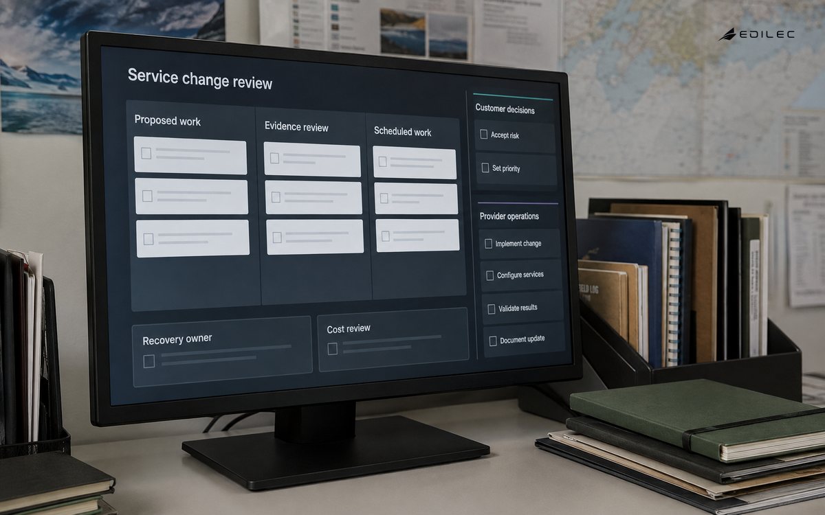 A cloud-service change workspace separates a shared work backlog from customer decisions and provider operations.