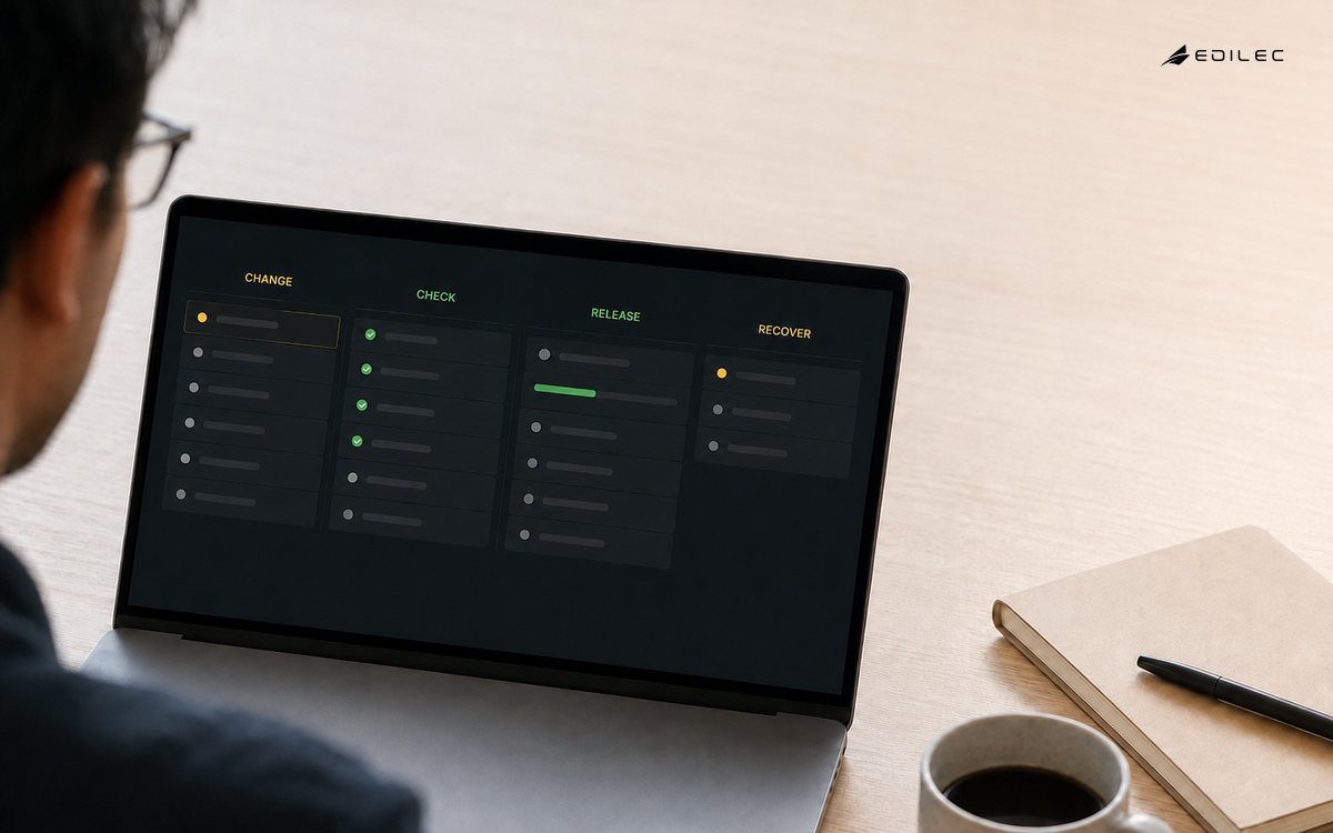A managed-cloud release application moves a Change through Check and Release with a Recover option.