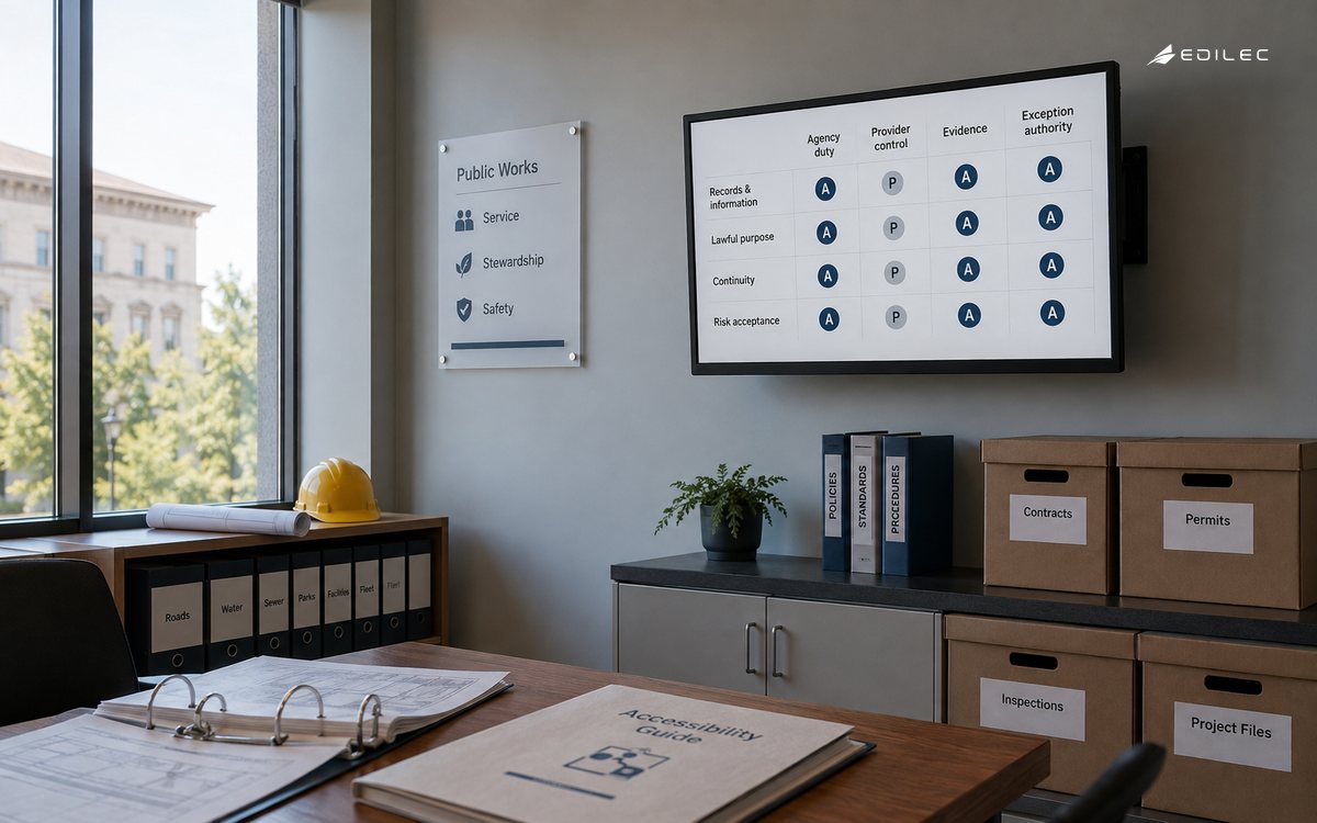 Wide photo of public works service planning room, accessibility guide and records boxes, small wall-bracket opaque display.