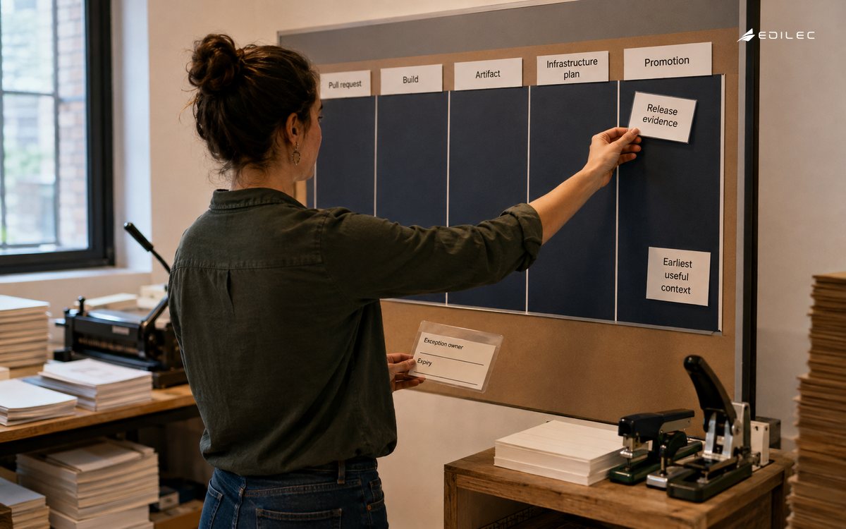 A worker places release evidence at promotion while holding an exception-owner and expiry sleeve.