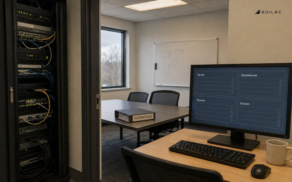 A service-continuity room links infrastructure dependencies with recovery and risk decisions.