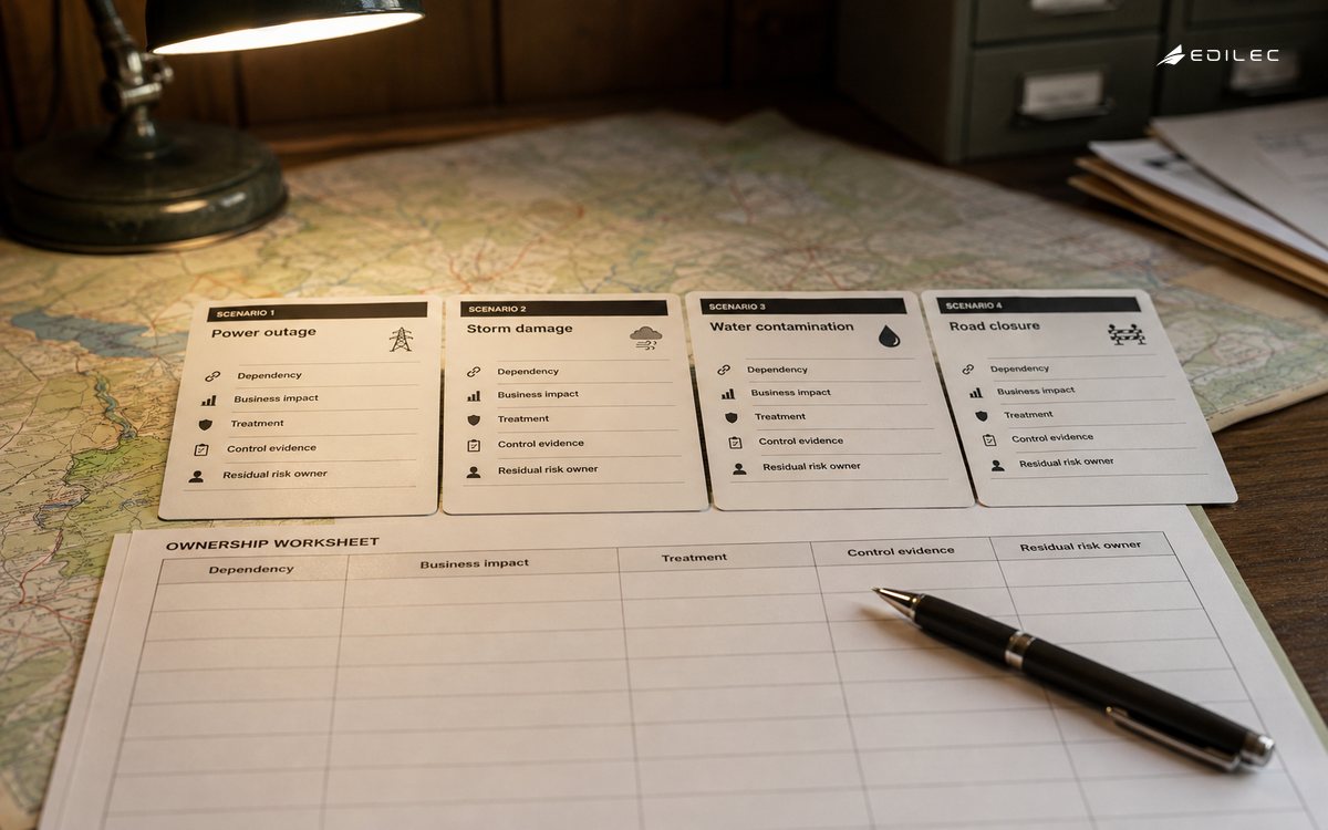 Paper-only macro photograph of risk scenario cards joined to an unsigned ownership worksheet at a rural utilities office.