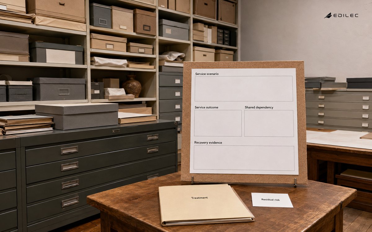 An archive workroom contains a service-scenario review and separate treatment records.