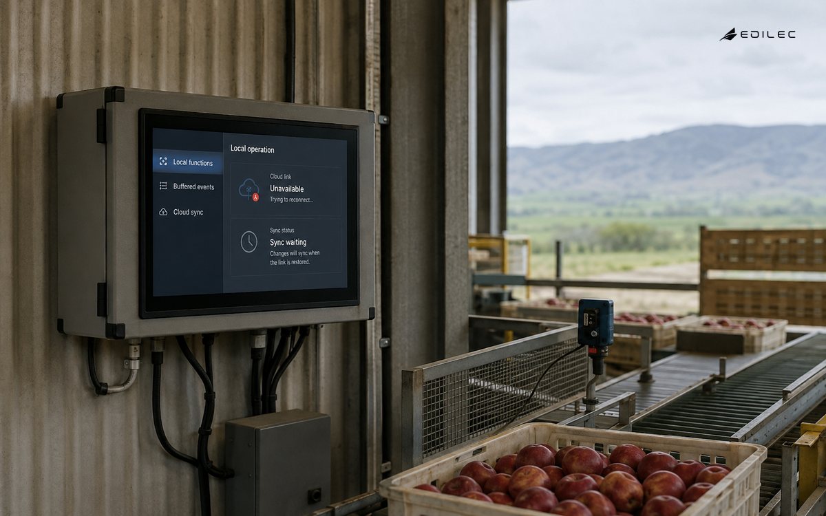 A packing-shed edge node retains local state while its cloud synchronization waits.