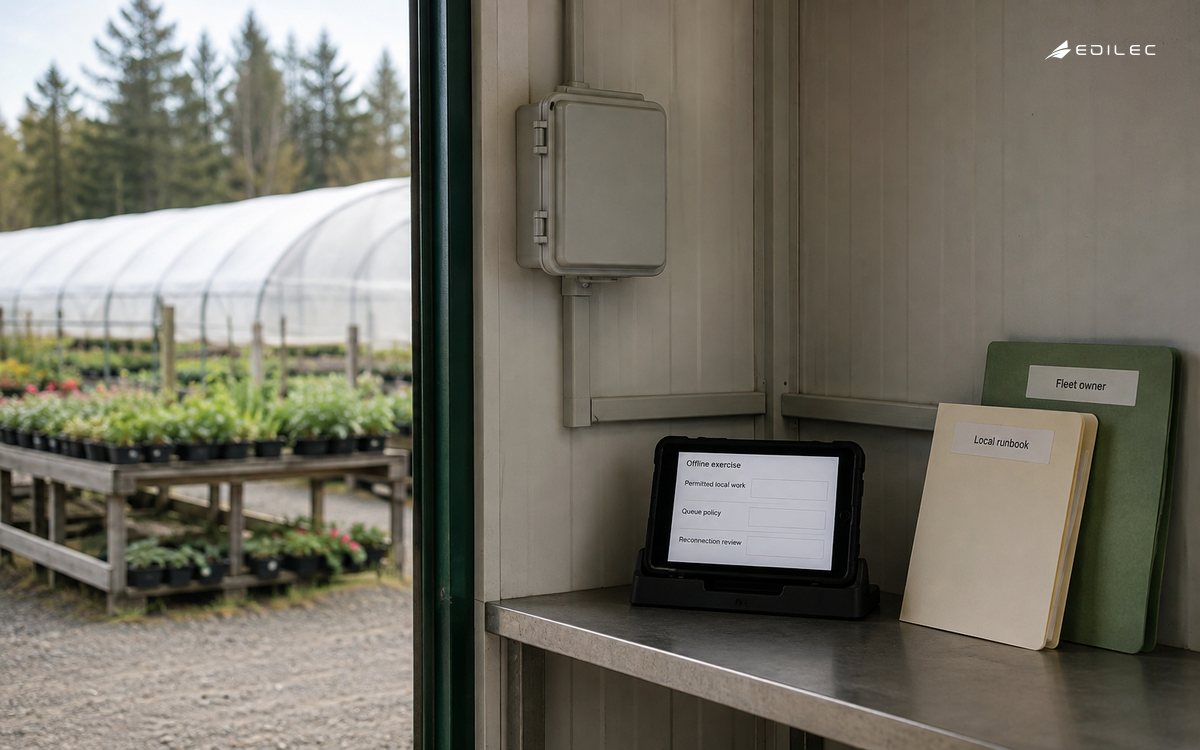A nursery outbuilding holds an illustrative offline-exercise review beside a local runbook.