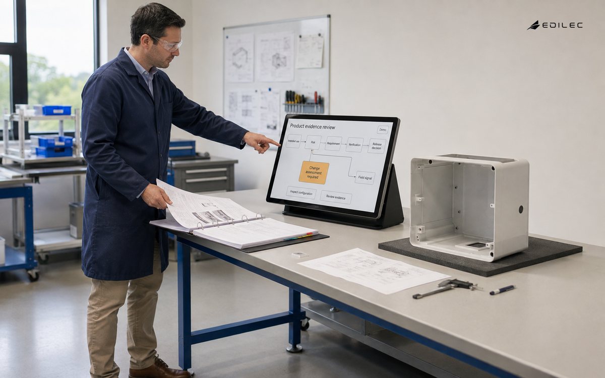 A quality engineer reviews an inert device prototype and the evidence required for a controlled product change.
