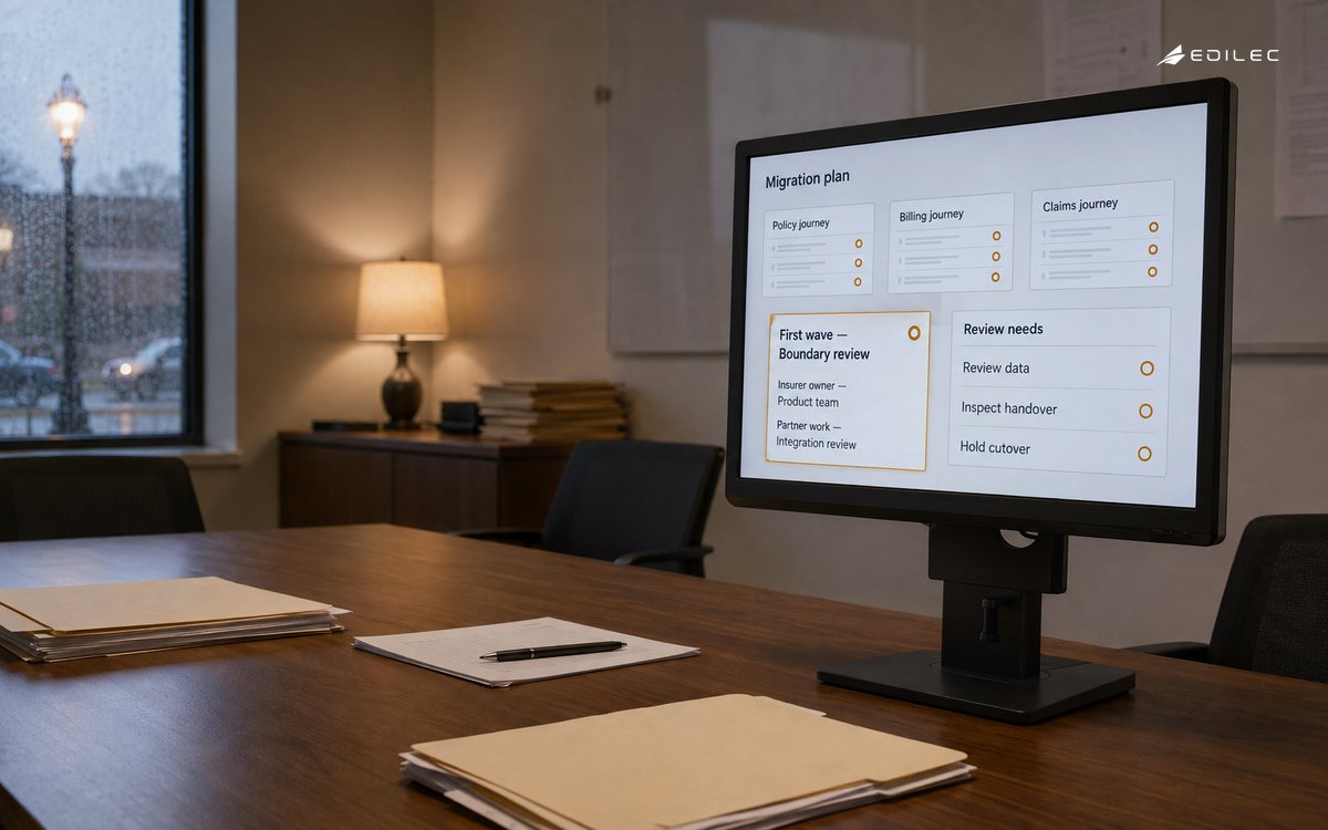 An insurer's planning room reviews a bounded migration wave and retained product ownership.