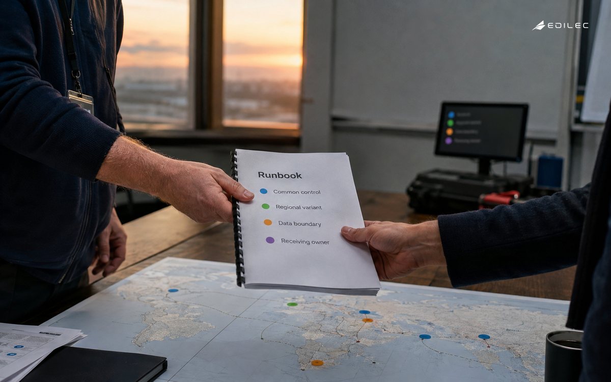 Close candid photo of standing service coordinators' hands transferring a runbook at an international research program operations table.