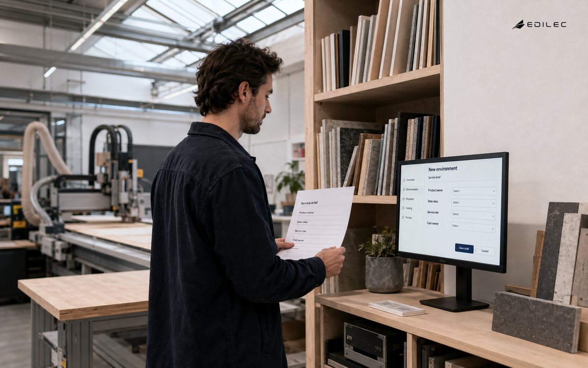 A fabrication studio uses an environment draft that connects service choices to owners.