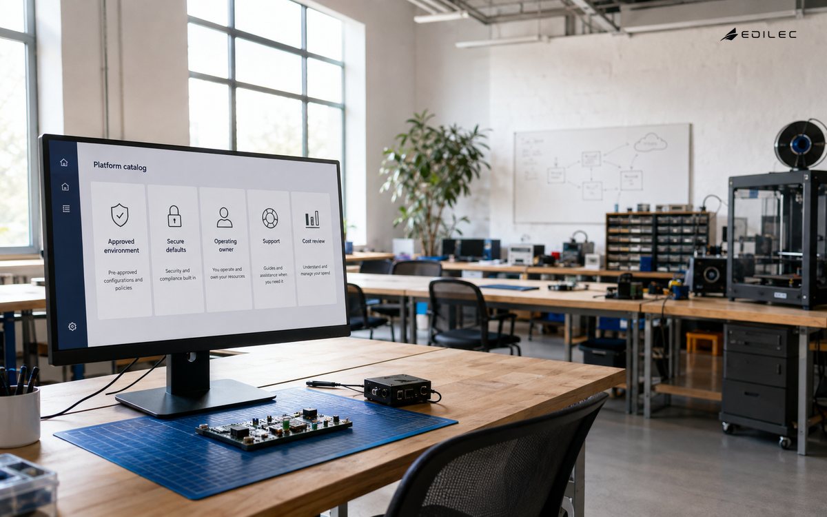 Wide photo of a community technology lab with empty collaborative benches, prototype equipment and compact supported opaque monitor.