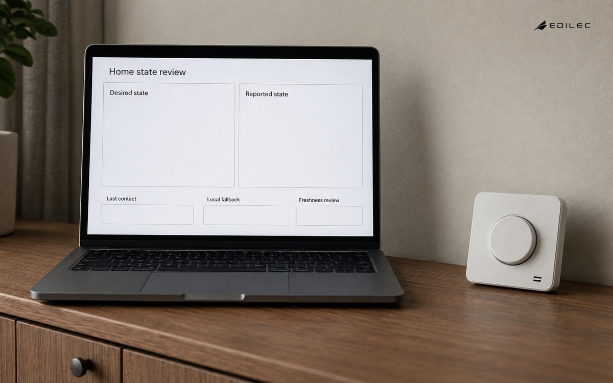 A home sideboard holds an illustrative desired-versus-reported-state review beside a local controller.